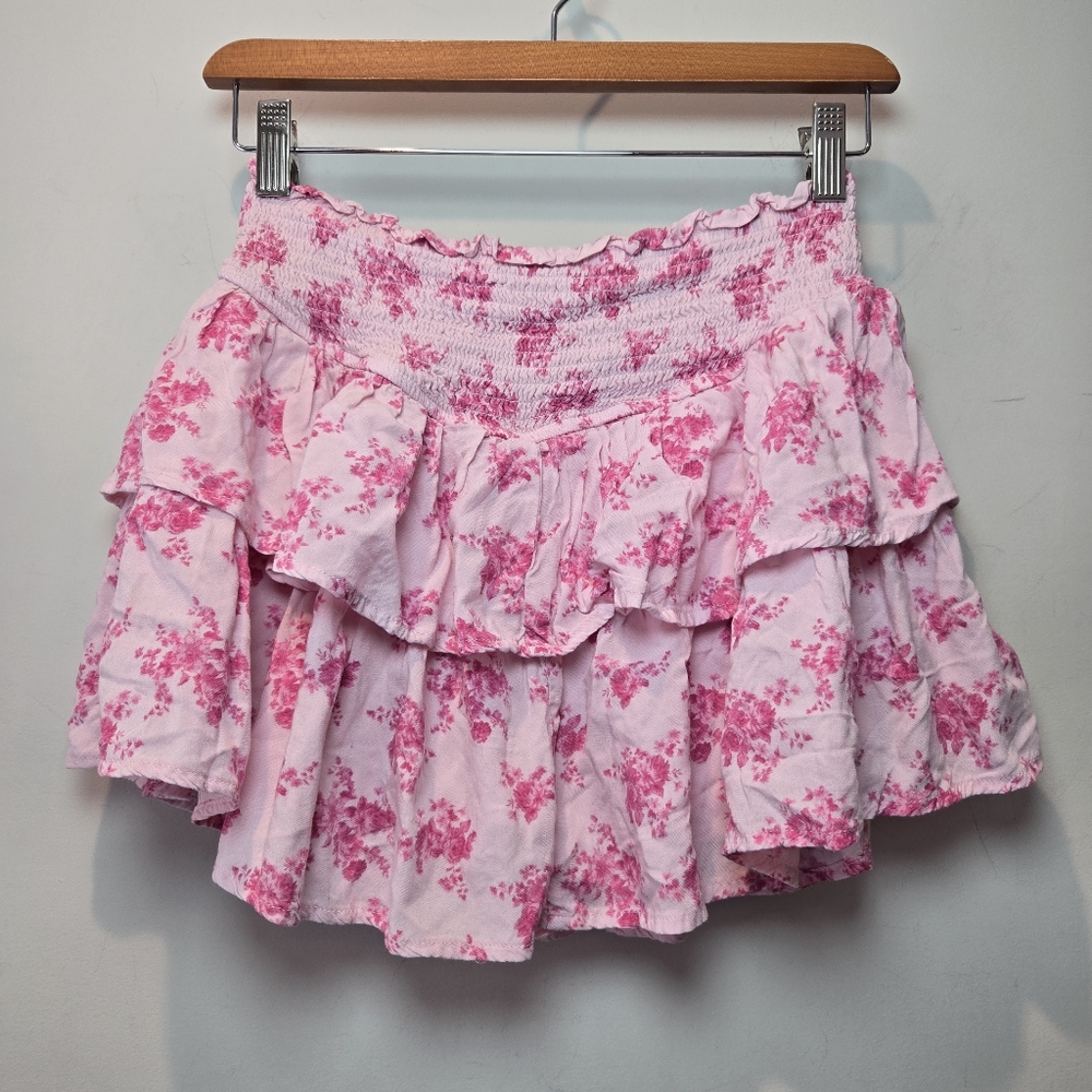Altar'd State Mini Skirt Medium Junior's Tiered Runched Pink Flower Cottage Core
